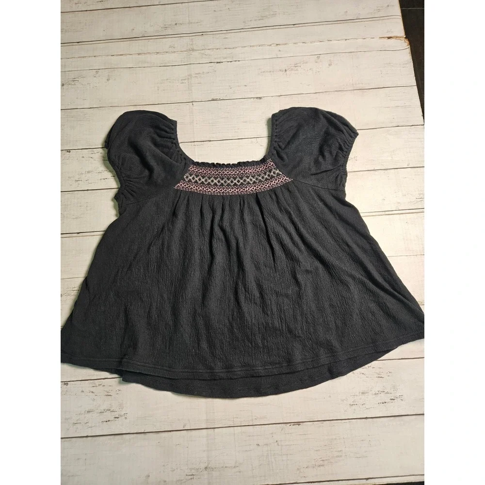 Madewell Womens XS Black Embroidered Smocked Puff Sleeve Peasant Blouse Top
